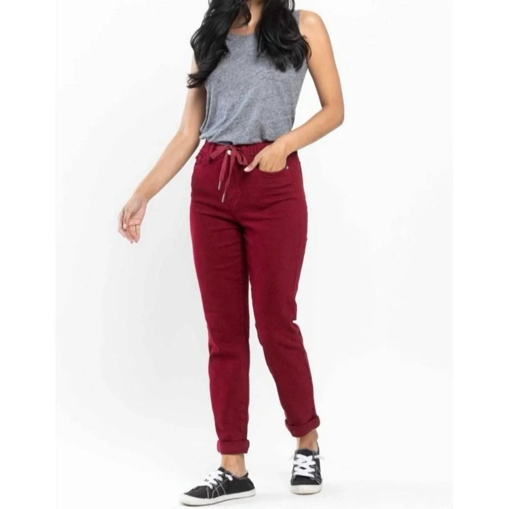 Judy Blue High Rise Drawstring On A Roll Jogger‎ Denim Pants Scarlet Sz 5/27